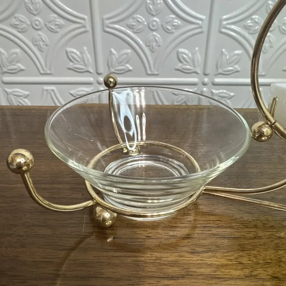Vintage Libbey MCM Glass Gold Relish Condiment 4 Bowl Set Metal Gold tone Caddy